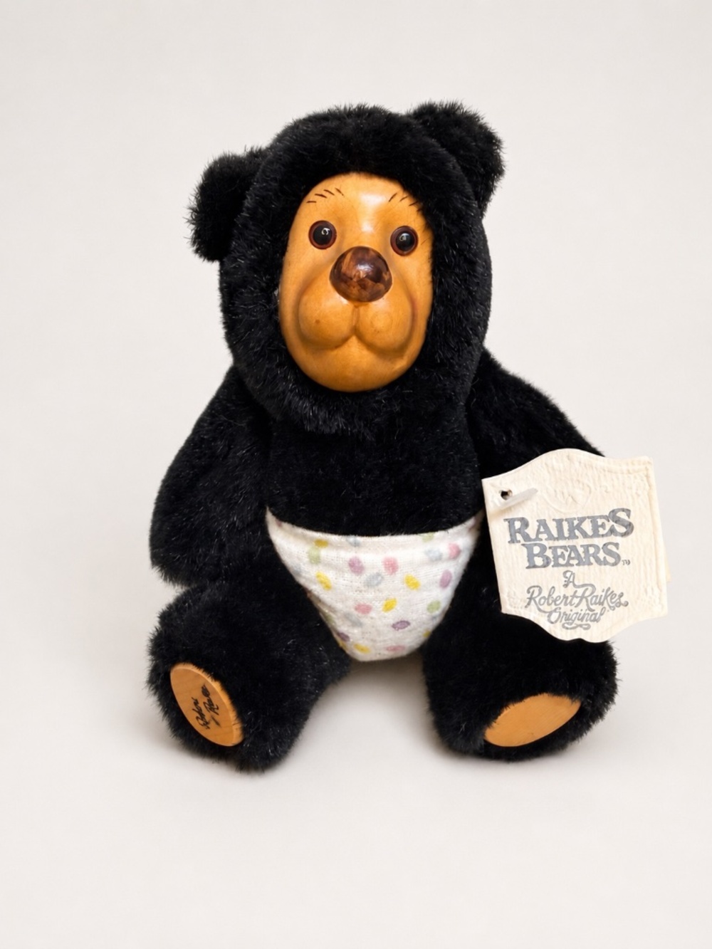 Vintage Raikes Bears Nursery Miniatures Black Bear Wood Face Plush Tags